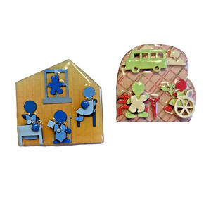 TWO Little People Pins by LUCINDA pink blue children disability variety colorful